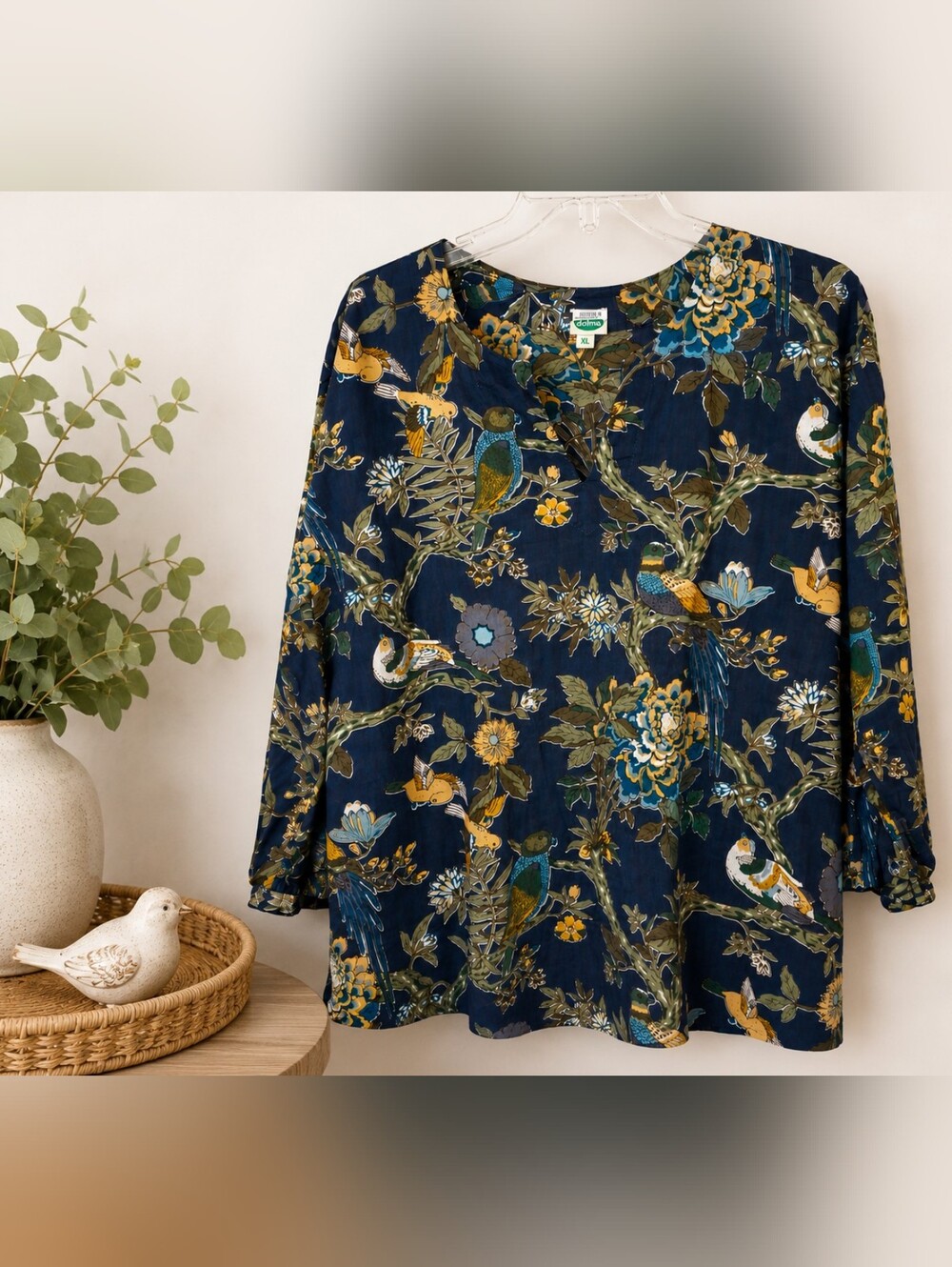 Dolma Bird Blue Floral Print Tunic Top XL 100% Cotton Boho Artsy